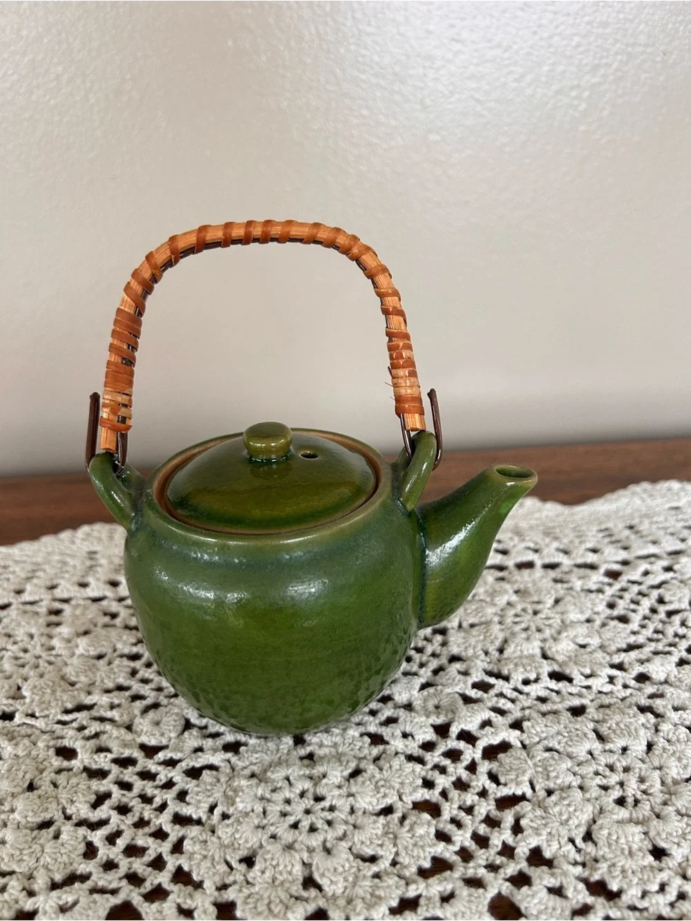 Vintage Asian Glazed Pottery Green w/Wrapped Bamboo Handle Strainer Spout